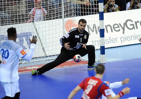 CRACOV, POLAND - JANUARY 17, 2016: Men's EHF European Handball Federation EURO 2016 Krakow Tauron Arena Serbia France
o/p: Slavisa Dukanovicのeditorial素材