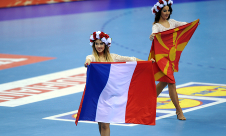 CRACOV, POLAND - JANUARY 21, 2016: Men's EHF European Handball Federation EURO 2016 Krakow Tauron Arena France - Belarus
o/p: cheerleadersのeditorial素材