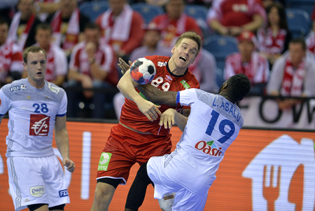 CRACOV, POLAND - JANUARY 27, 2016: Men's EHF European Handball Federation EURO 2016 Krakow Tauron Arena France Norwayo/p: Valentin Porte Lie Espen Hansen Luc Abaloのeditorial素材