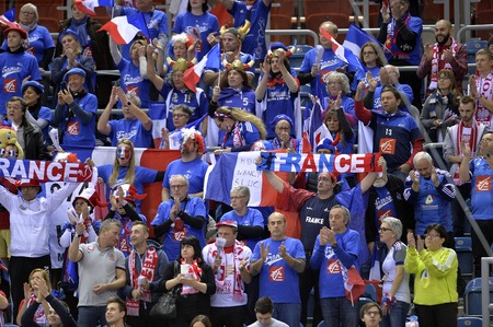CRACOV, POLAND - JANUARY 27, 2016: Men's EHF European Handball Federation EURO 2016 Krakow Tauron Arena France Norwayo/p: France fansのeditorial素材