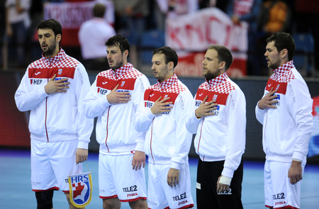 CRACOV, POLAND - JANUARY 21, 2016: Men's EHF European Handball Federation EURO 2016 Krakow Tauron Arena Macedonia - Croatia
o/p: Croatiaのeditorial素材