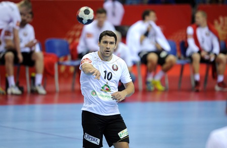 CRACOV, POLAND - JANUARY 21, 2016: Men's EHF European Handball Federation EURO 2016 Krakow Tauron Arena France - Belaruso/p: Barys Pukhouskiのeditorial素材
