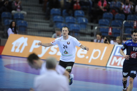 CRACOV, POLAND - JANUARY 21, 2016: Men's EHF European Handball Federation EURO 2016 Krakow Tauron Arena France - Belaruso/p: Maksim Baranauのeditorial素材