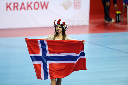 CRACOV, POLAND - JANUARY 21, 2016: Men's EHF European Handball Federation EURO 2016 Krakow Tauron Arena France - Belarus
o/p: cheerleadersのeditorial素材