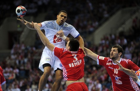CRACOV, POLAND - JANUARY 23, 2016: Men's EHF European Handball Federation EURO 2016 Krakow Tauron Arena France - Croatia
o/p: Daniel Narcisse Marino Maricのeditorial素材