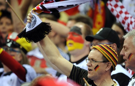 Cracov, POLAND - JANUARY 31, 2016: Men's EHF European Handball Federation EURO 2016 Krakow Tauron Arena Spainop Germany: Germany fansのeditorial素材
