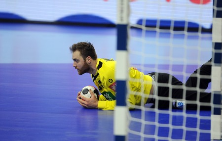 Cracov, POLAND - JANUARY 31, 2016: Men's EHF European Handball Federation EURO 2016 Krakow Tauron Arena Germany Spainop: Andreas Wolffのeditorial素材