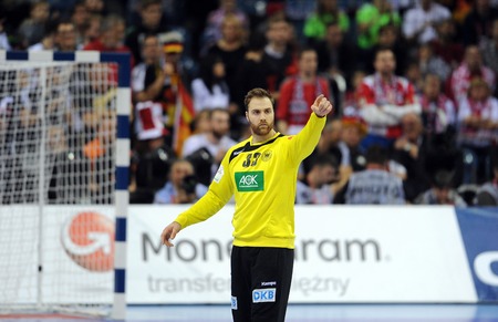 Cracov, POLAND - JANUARY 31, 2016: Men's EHF European Handball Federation EURO 2016 Krakow Tauron Arena Germany Spainop: Andreas Wolffのeditorial素材