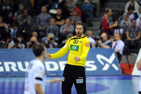 Cracov, POLAND - JANUARY 31, 2016: Men's EHF European Handball Federation EURO 2016 Krakow Tauron Arena Germany Spainop: Andreas Wolffのeditorial素材