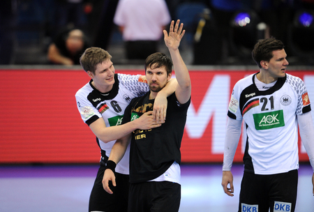 Cracov, POLAND - JANUARY 31, 2016: Men's EHF European Handball Federation EURO 2016 Krakow Tauron Arena Germany Spainop Finn Lemke Fabian Wildeのeditorial素材