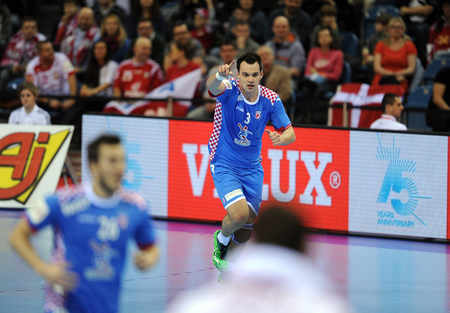 Cracov, POLAND - JANUARY 29, 2016: Men's EHF European Handball Federation EURO 2016 Krakow Tauron Arena Norway Croatia op Marino Maricのeditorial素材