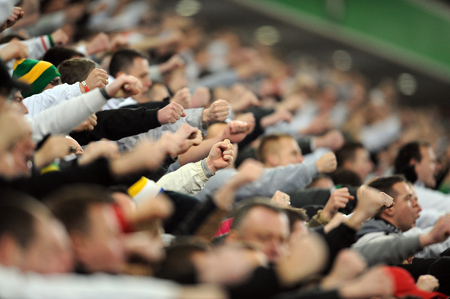 WARSAW, POLAND - FEBRUARY 14, 2016, T-Mobile Polish Extra League Premier Football League Legia Warsaw Jagiellonia Bialystok op: Legia football fansのeditorial素材