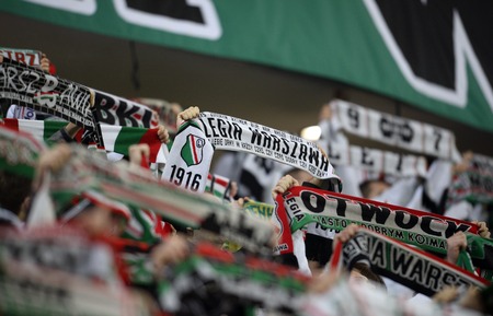 WARSAW, POLAND - FEBRUARY 28, 2016, T-Mobile Polish Extra League Premier Football League Legia Warsaw movement Chorzowop: Legia football fans supportersのeditorial素材