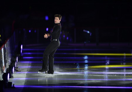 WARSAW, POLAND - FEBRUARY 27, 2016: Kings on Ice figure skating show jump made by Evgeni Plushenko and life music by Edvin Marton Emmy award winner world famous violinist playing with 300 year old Stradivariusnzのeditorial素材