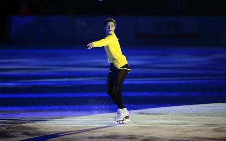WARSAW, POLAND - FEBRUARY 27, 2016: Kings on Ice figure skating show jump made by Evgeni Plushenko and life music by Edvin Marton Emmy award winner world famous violinist playing with 300 year old Stradivariusnz Adelina Sotnikovaのeditorial素材