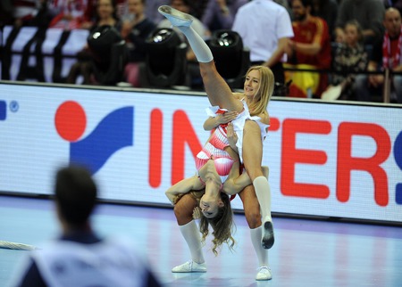 Cracov, POLAND - JANUARY 31, 2016: Men's EHF European Handball Federation EURO 2016 Krakow Tauron Arena Germany Spainop: cheerleadersのeditorial素材