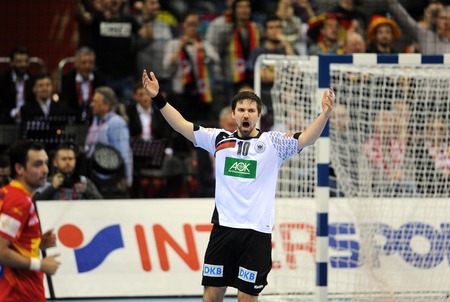 Cracov, POLAND - JANUARY 31, 2016: Men's EHF European Handball Federation EURO 2016 Krakow Tauron Arena Germany Spainop Fabian Wildeのeditorial素材