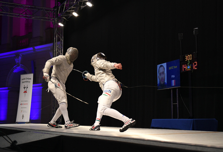 WARSAW, POLAND â FEBRUARY 25: Sabre de Wolodyjowski Internationa Fencing Federation Fencing Cup in mens sword FIAのeditorial素材