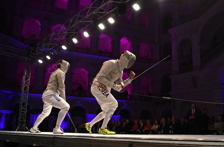 WARSAW, POLAND â FEBRUARY 25: Sabre de Wolodyjowski Internationa Fencing Federation Fencing Cup in mens sword FIAのeditorial素材