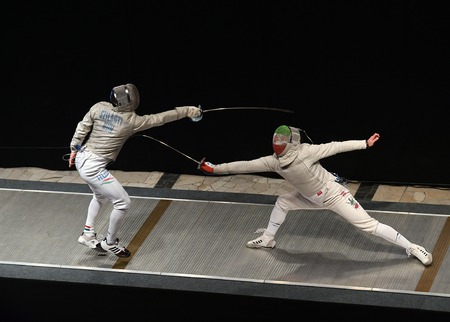WARSAW, POLAND â FEBRUARY 25: Sabre de Wolodyjowski Internationa Fencing Federation Fencing Cup in mens sword FIAのeditorial素材