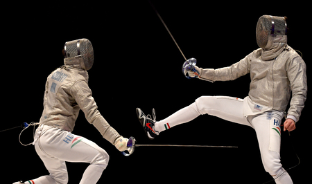 WARSAW, POLAND â FEBRUARY 25: Sabre de Wolodyjowski Internationa Fencing Federation Fencing Cup in mens sword FIAのeditorial素材