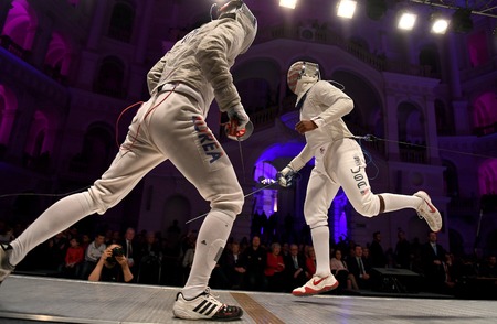 WARSAW, POLAND  FEBRUARY 25, 2017: Sabre de Wolodyjowski, the International Fencing Federation Fencing Cup in mens sword FIA in Warsaw University of Technology Hallo / p international fencing duel in the men's swordのeditorial素材