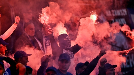 WARSAW, POLAND - MAY 02, 2017: Polish Extra League Polish Premier Football League Lech Poznan football supporters during Arka Gdynia gameのeditorial素材