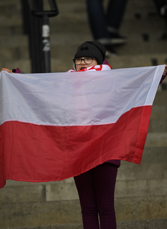 WARSAW, POLAND, APRIL 22, 2017: Inernational rugby game Poland - Switzerland Europe Rugby Cupo / p Polish rugby supportersのeditorial素材