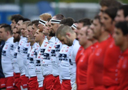 WARSAW, POLAND, APRIL 22, 2017: Inernational rugby game Poland - Switzerland Europe Rugby Cupo / p Poland rugby team line upのeditorial素材