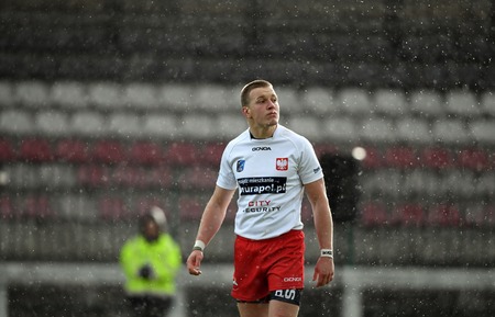 WARSAW, POLAND, APRIL 22, 2017: Inernational rugby game Poland - Switzerland Europe Rugby Cupo / p Poland and Switzerland rugby teams during the game in actionのeditorial素材