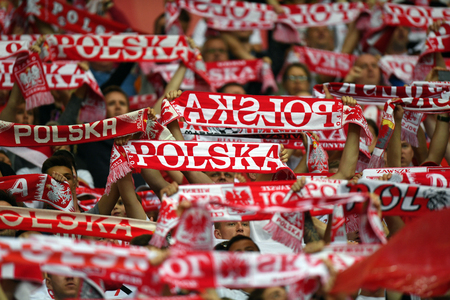 WARSAW, POLAND - JUNE 10, 2017: 2018 World Cup Qualifications / p polish supportersのeditorial素材