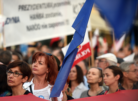 POLAND - JULY 20: Demostrators participate in the protest against changes in the Polish judiciary and changes foreseen by PIS (Law and Justice) took place in front of the building of the Supreme Court and the Presidential Palaceのeditorial素材