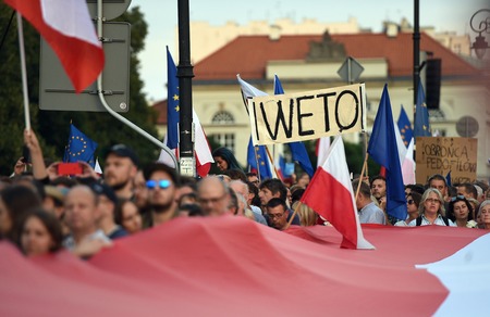 POLAND - JULY 20: Demostrators participate in the protest against changes in the Polish judiciary and changes foreseen by PIS (Law and Justice) took place in front of the building of the Supreme Court and the Presidential Palaceのeditorial素材