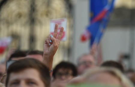 POLAND - JULY 20: Demostrators participate in the protest against changes in the Polish judiciary and changes foreseen by PIS (Law and Justice) took place in front of the building of the Supreme Court and the Presidential Palaceのeditorial素材