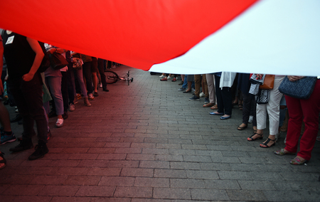 POLAND - JULY 20: Demostrators participate in the protest against changes in the Polish judiciary and changes foreseen by PIS (Law and Justice) took place in front of the building of the Supreme Court and the Presidential Palaceのeditorial素材