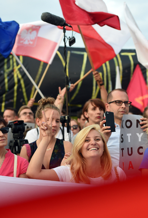 POLAND - JULY 20: Demostrators participate in the protest against changes in the Polish judiciary and changes foreseen by PIS (Law and Justice) took place in front of the building of the Supreme Court and the Presidential Palaceのeditorial素材