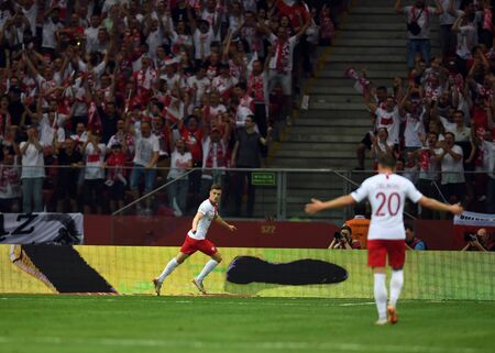 Warsaw, Poland, June 10, 2019: EURO 2020 qualifing round, group stage, Poland wins 4: 0 with Izarel on PGE Narodowy. Krzysztof Piatek (Poland) celebrates his goalのeditorial素材