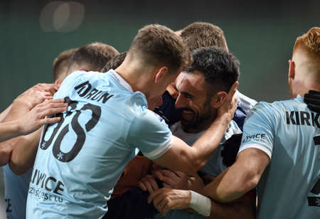 Warsaw, Poland, March 08, 2020: Polish Top League Ekstraklasa football game between Legia Warszawa and Piast Gliwice, Gerard Badia (Piast Gliwice) celebrates his goalのeditorial素材