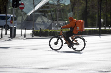 Warsaw, Poland, April 16, 2020: Warsaw during first day with hiding nose and mouth restriction...