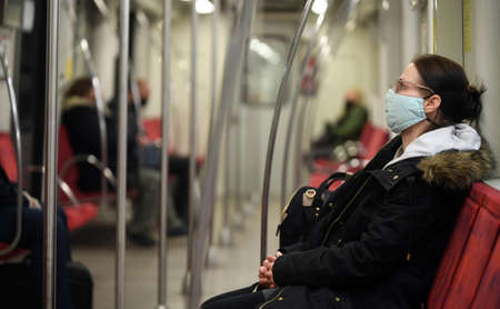 Warsaw, Poland, April 16, 2020: Warsaw during first day with hiding nose and mouth restriction...
