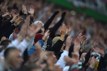 WARSAW, POLAND - OCTOBER 17, 2021: Polish Football League game Legia Warszawa - Lech Poznan, Legia supportersのeditorial素材