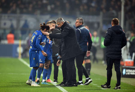 WARSAW, POLAND - OCTOBER 17, 2021: Polish Football League game Legia Warszawa - Lech Poznan, Maciej Skorza coach (Lech Poznan) Joao Amaral (Lech Poznan)のeditorial素材