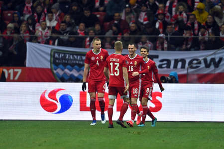 WARSAW, POLAND - NOVEMBER 15, 2021: World Cup 22 Qatar qualification gropup stage match Poland - Hungary, Daniel Gazdag (Hungary) celebrates his goalのeditorial素材