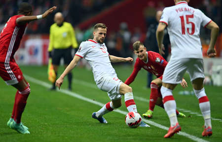 WARSAW, POLAND - NOVEMBER 15, 2021: World Cup 22 Qatar qualification gropup stage match Poland - Hungary, Tomasz Kedziora (Poland)のeditorial素材