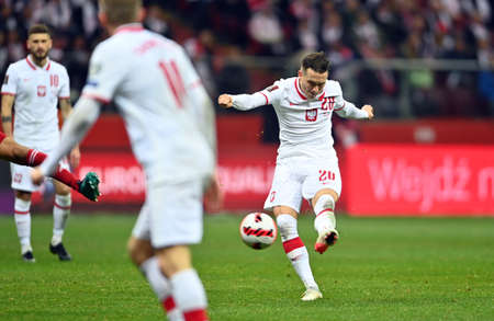 WARSAW, POLAND - NOVEMBER 15, 2021: World Cup 22 Qatar qualification gropup stage match Poland - Hungary, Piotr Zielinski (Poland)のeditorial素材