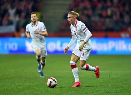 WARSAW, POLAND - NOVEMBER 15, 2021: World Cup 22 Qatar qualification gropup stage match Poland - Hungary, Przemyslaw Placheta (Poland)のeditorial素材