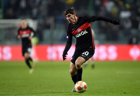 WARSAW, POLAND - DECEMBER 09, 2021: UEFA Europa League group Stage game Legia Warszawa - FC Spartak Moscov, Zelimkhan Bakaev (FC Spartak Moskva)のeditorial素材