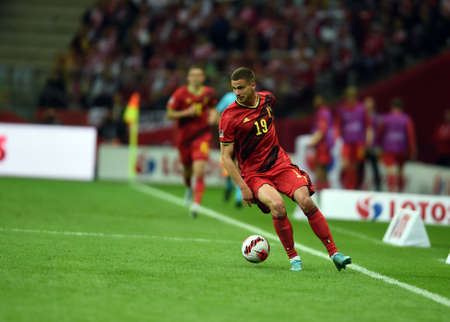 WARSAW, POLAND - JUNE 14, 2022: UEFA Nations League 2023 Poland - Belgium game o / p: Leander Dendoncker (Belgium)のeditorial素材