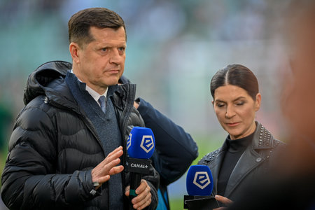 WARSAW, POLAND - APRIL 16, 2023: Polish Football League T-Mobile Ekstraklasa o/p: Cezary Kucharski ex Robert Lewandowski managerのeditorial素材