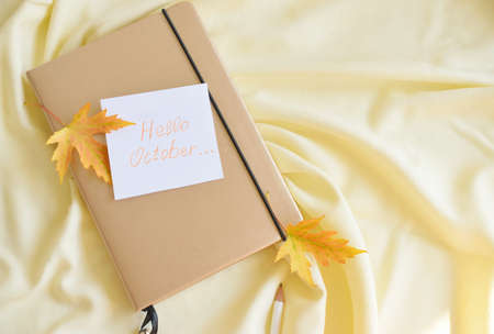 Hello October on Paper Note on texture background.の写真素材